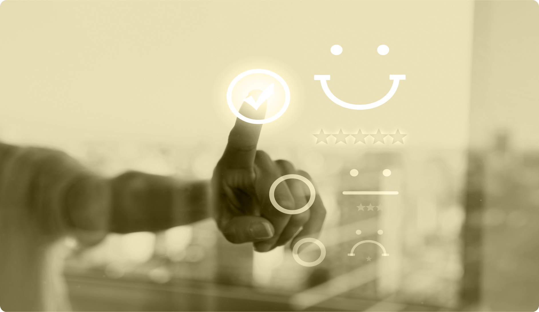 Évaluation client positive avec sélection de 5 étoiles sur une interface tactile digitale.